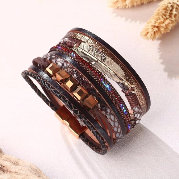 Leopard Bracelet for Women, Boho Leather Wrap Multi-Layer Pearl Crystal Bracelet - Picture 7 of 7